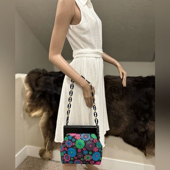 Chic Wood Frame & Leather Floral Print Clutch/Shoulder Bag/Crossbody - Picture 13 of 16